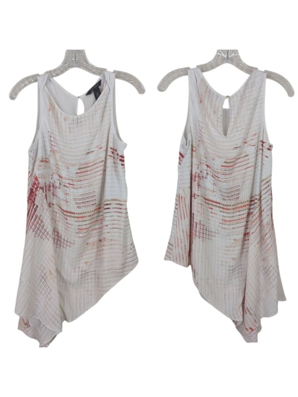 WHBM Blouse Women S Geometric Asymmetrical Hem Sleeveless Lined White Red